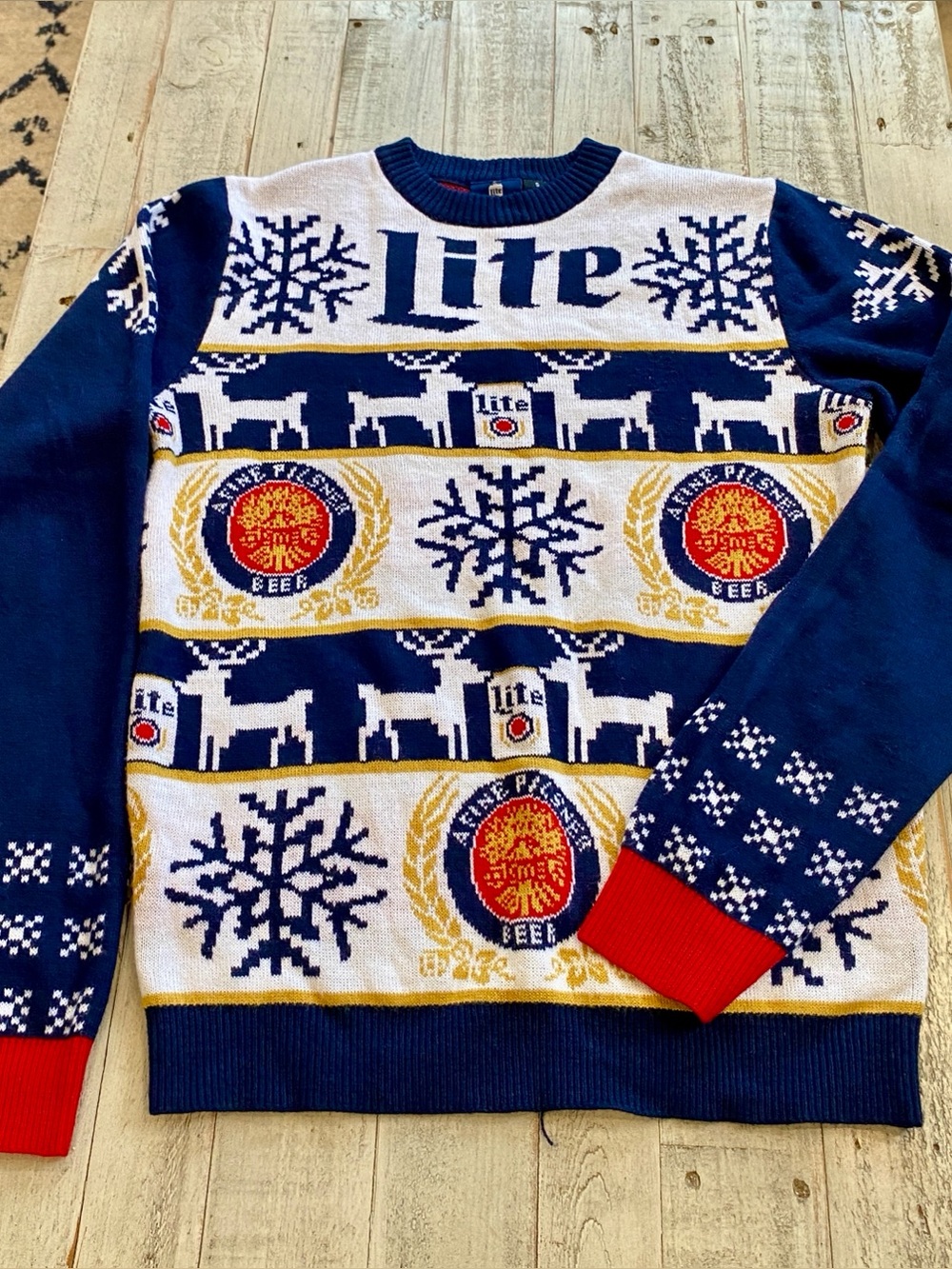 Miller Lite Navy & White Ugly Holiday Crewneck Sweater Mens Small Christmas